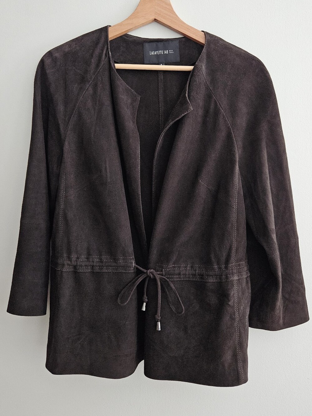Lafayette 148 Collarless Brown Suede Leather Jacket with Drawstring Waist Medium